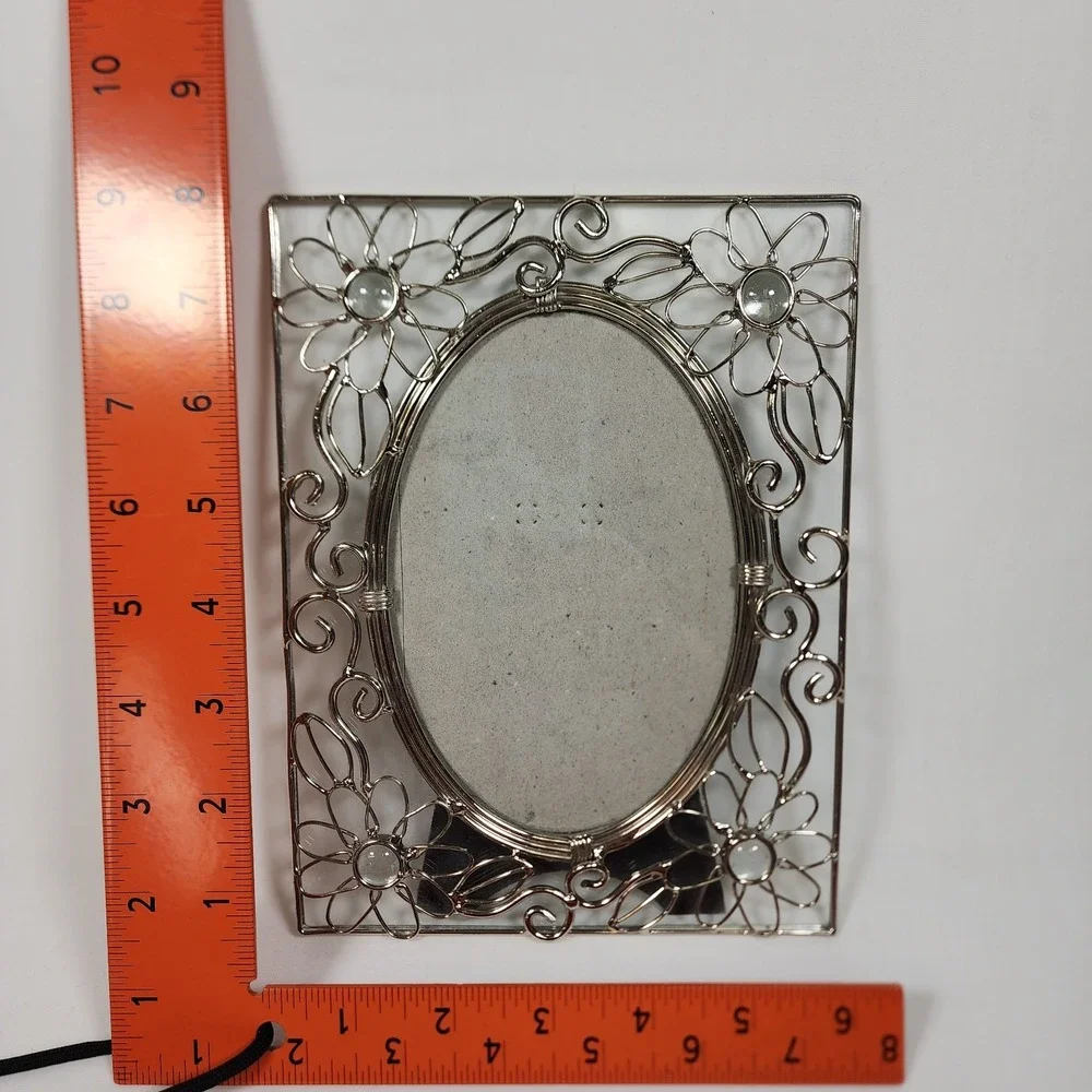 Ornate Metal Wire Picture Frame Silver Tone Floral Design Rectangle & Oval Shape